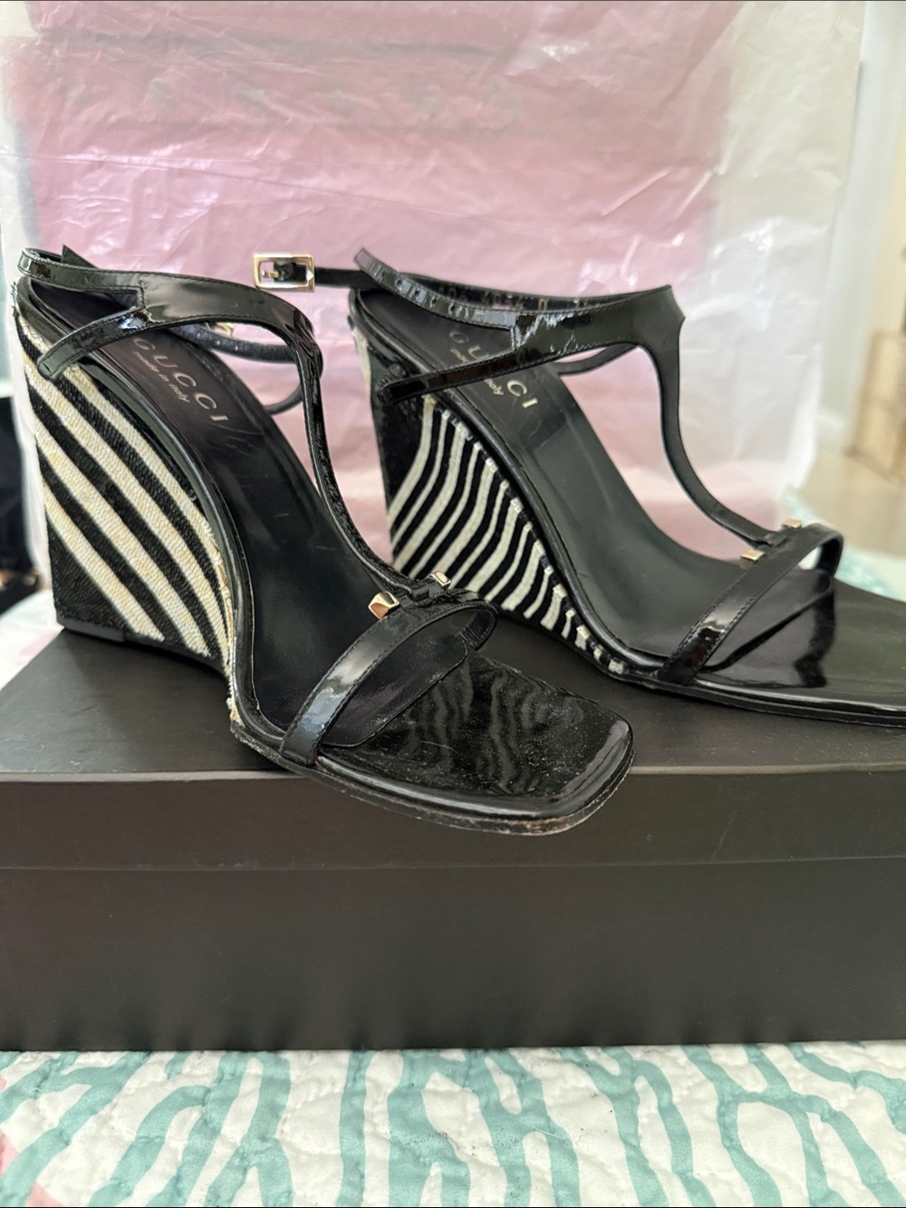 Gucci Black Patent Leather T-Strap Wedges with Black-and-White Striped Wedge